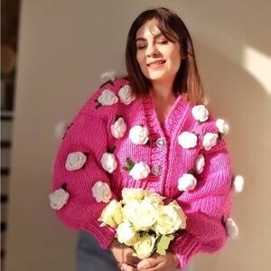 Pink Floral 3D Flowers Chunky Cardigan Sweater